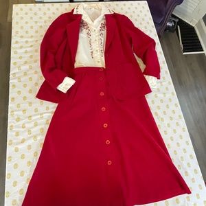 Vintage 70's Cranberry Red  Skirt Suit With Blouse w/Floral Detail Size 9/10